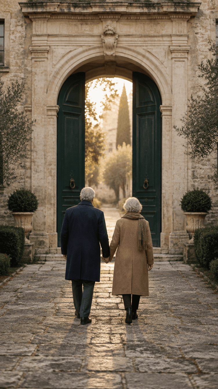 An older couple walking hand in hand toward an open stone archway in warm morning light